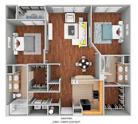 Floor plan for 2 beds, 2 baths, 1183 sqft